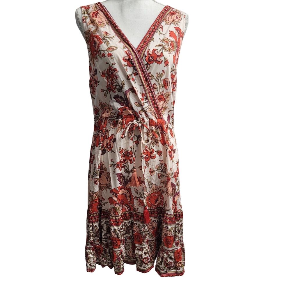 Lola P floral ruffle red knee length dress V neck boho india